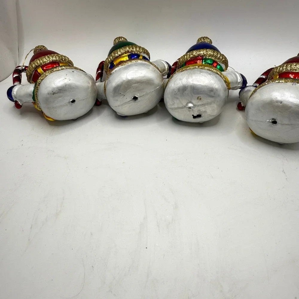 4 Snowman Christmas Ornament Hand-Painted Glitter Candy Cane‎ Retro Holiday